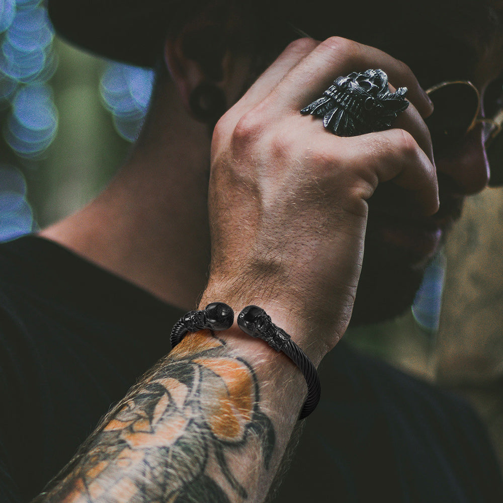 Viking Skull Cuff Stainless Steel Bracelet Adjustable Bangle for Men