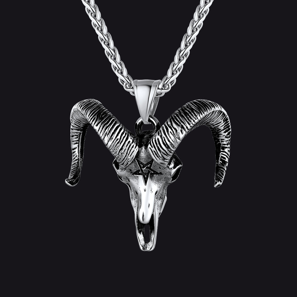 Satanic Goat Skull Head Necklace with Inverted Pentagram