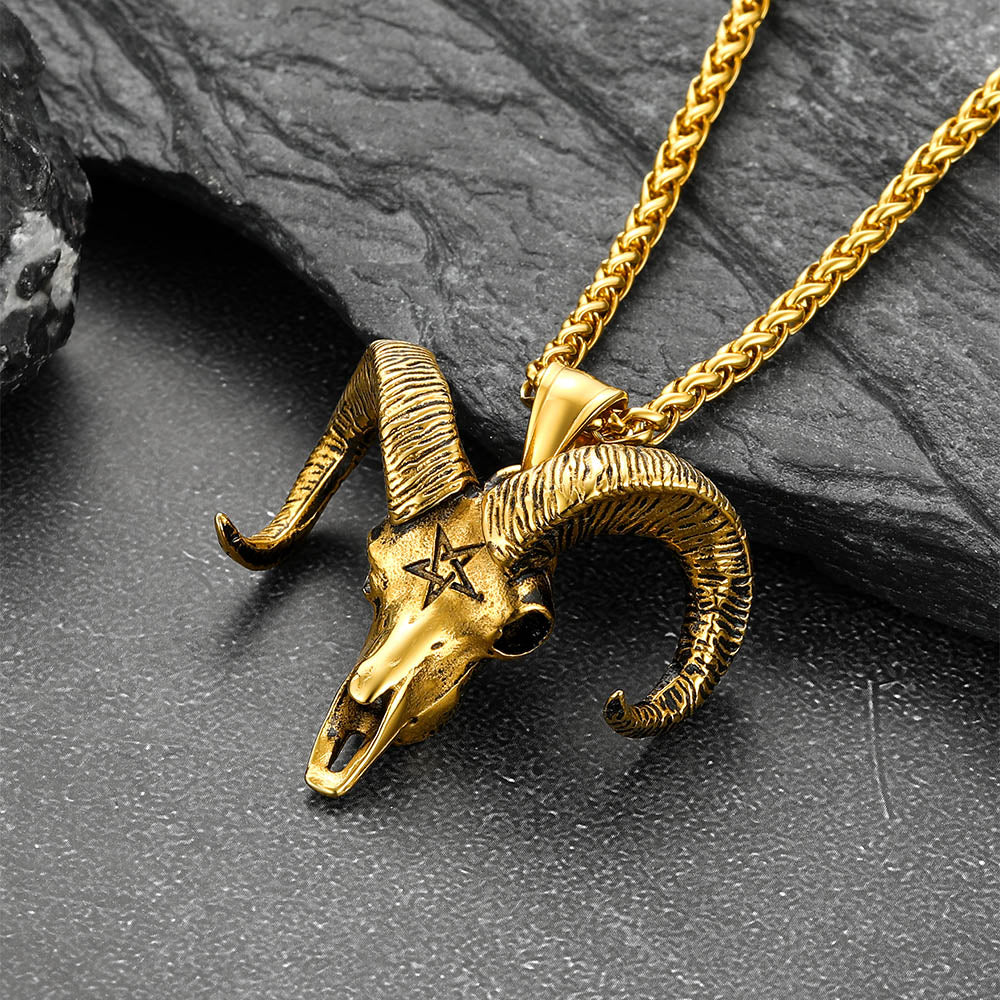 Satanic Goat Skull Head Necklace with Inverted Pentagram