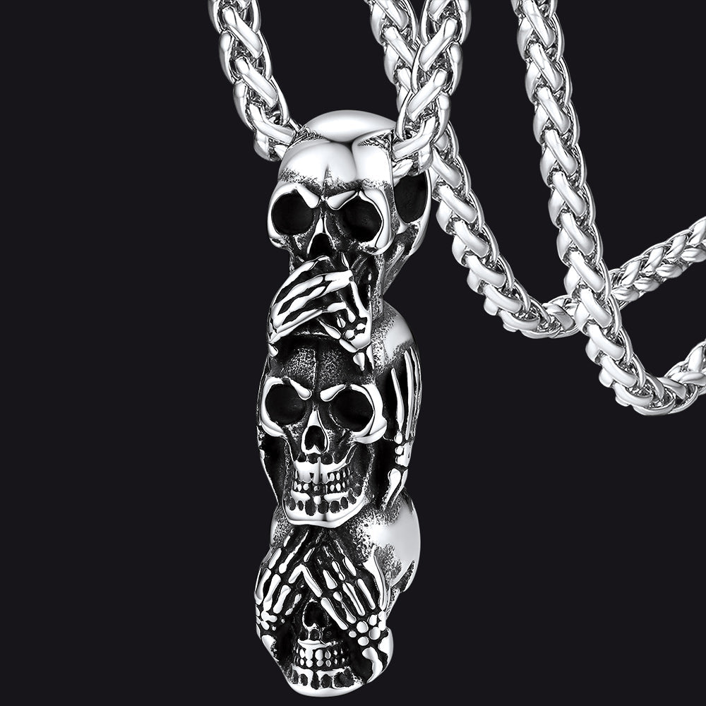See No Evil, Hear No Evil, Speak No Evil Skull Necklace For Men