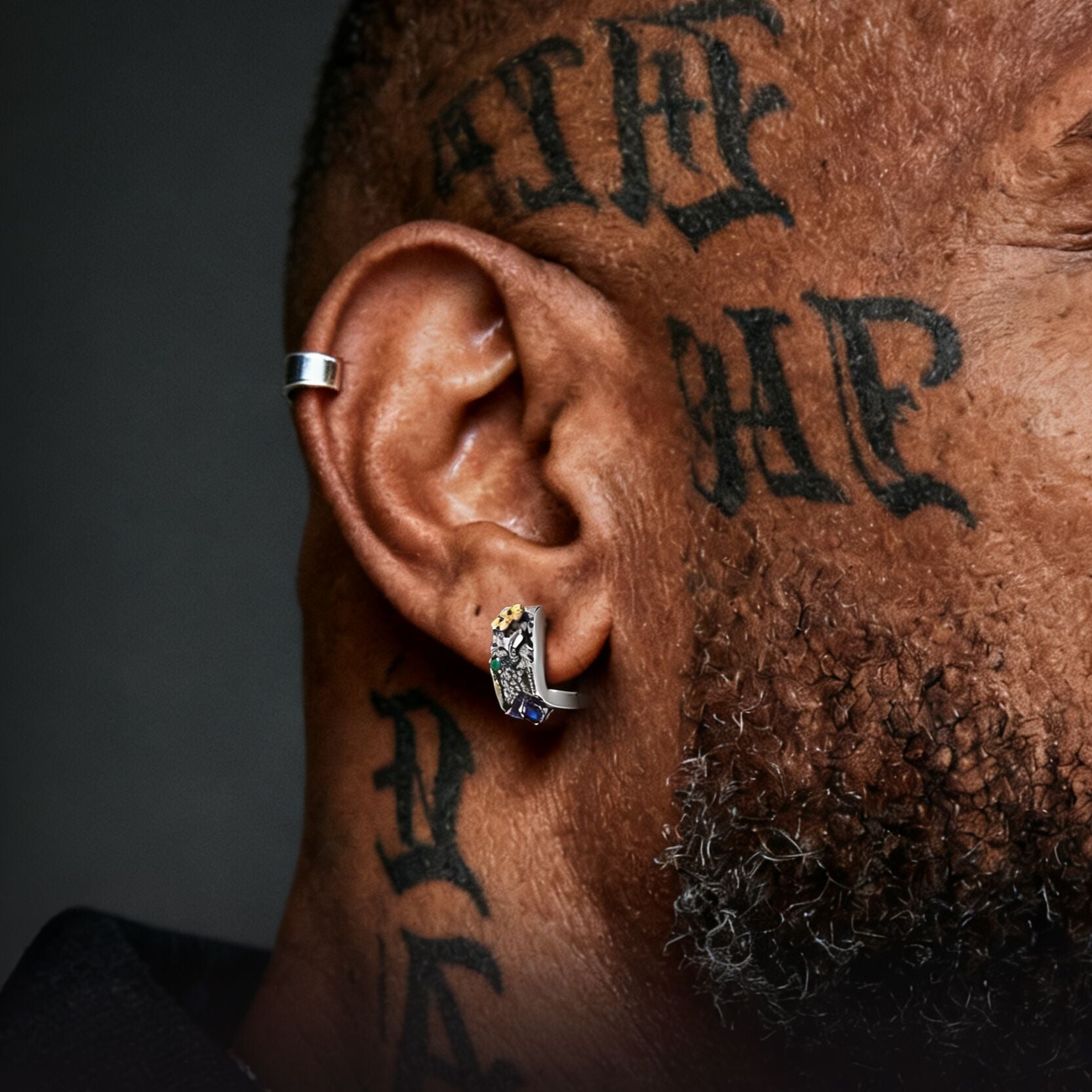 Black Onyx Skull Signet Ring & Graffiti Joker Star Earring Jewelry Set For Men