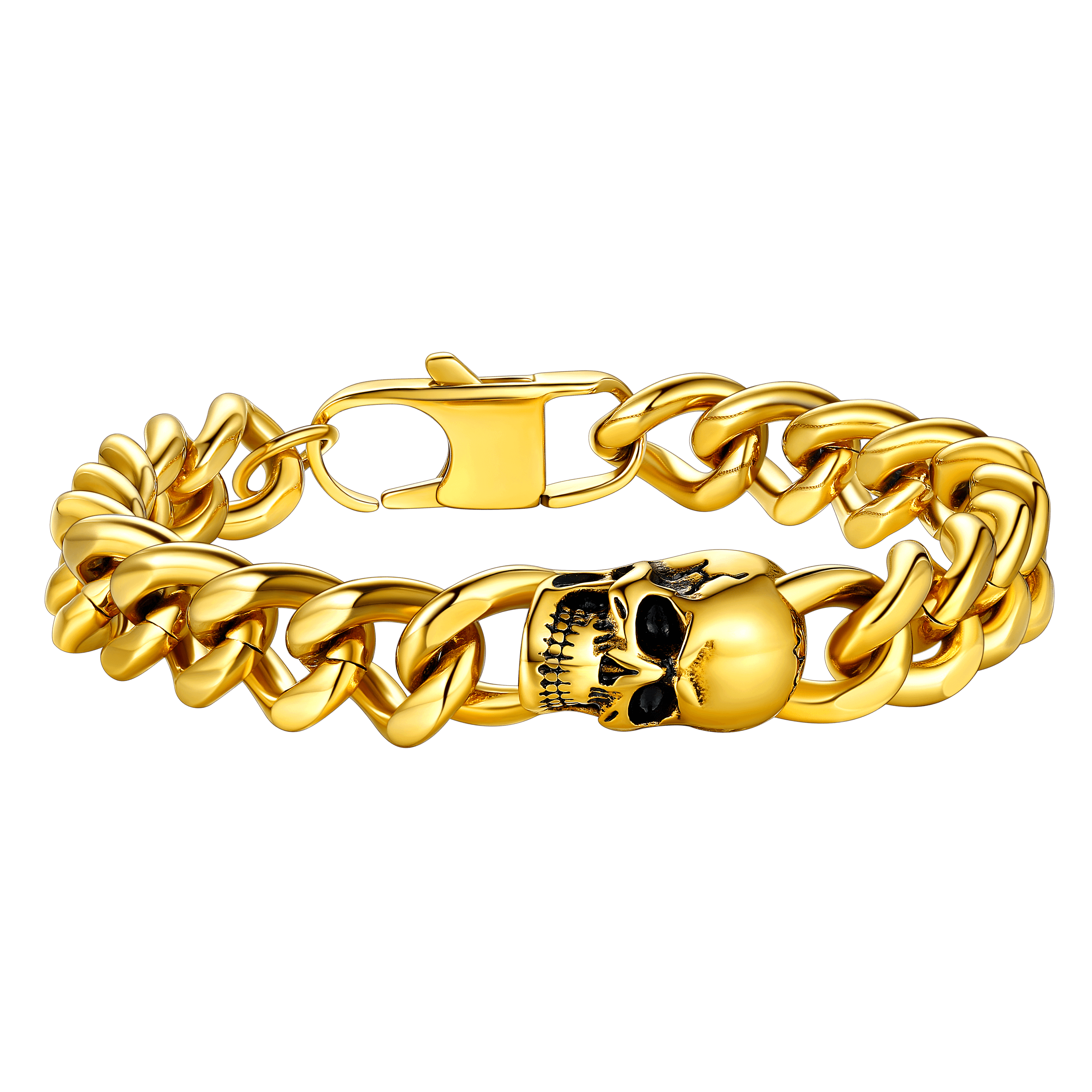 Gothic Heavy Cuban Chain Skull Bracelet For Men in Stainless Steel