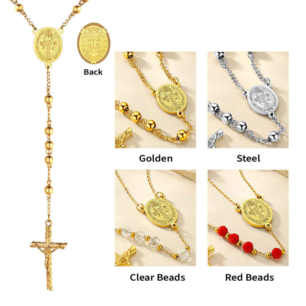 Catholic Saint Benedict Rosary Bead Necklace with Cross for Men