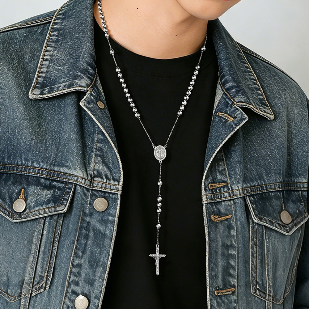 Catholic Saint Benedict Rosary Bead Necklace with Cross for Men