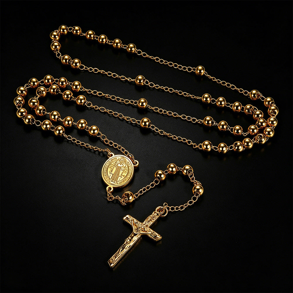 Catholic Saint Benedict Rosary Bead Necklace with Cross for Men