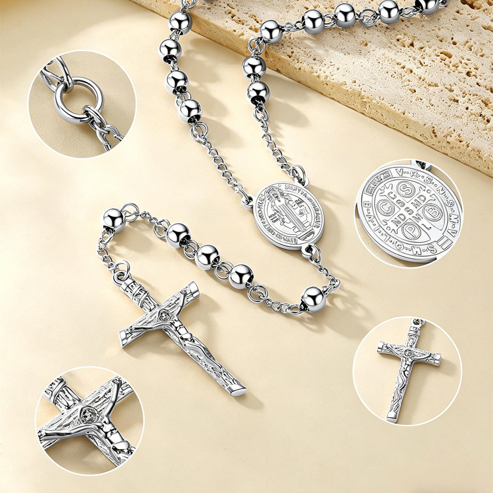 Catholic Saint Benedict Rosary Bead Necklace with Cross for Men