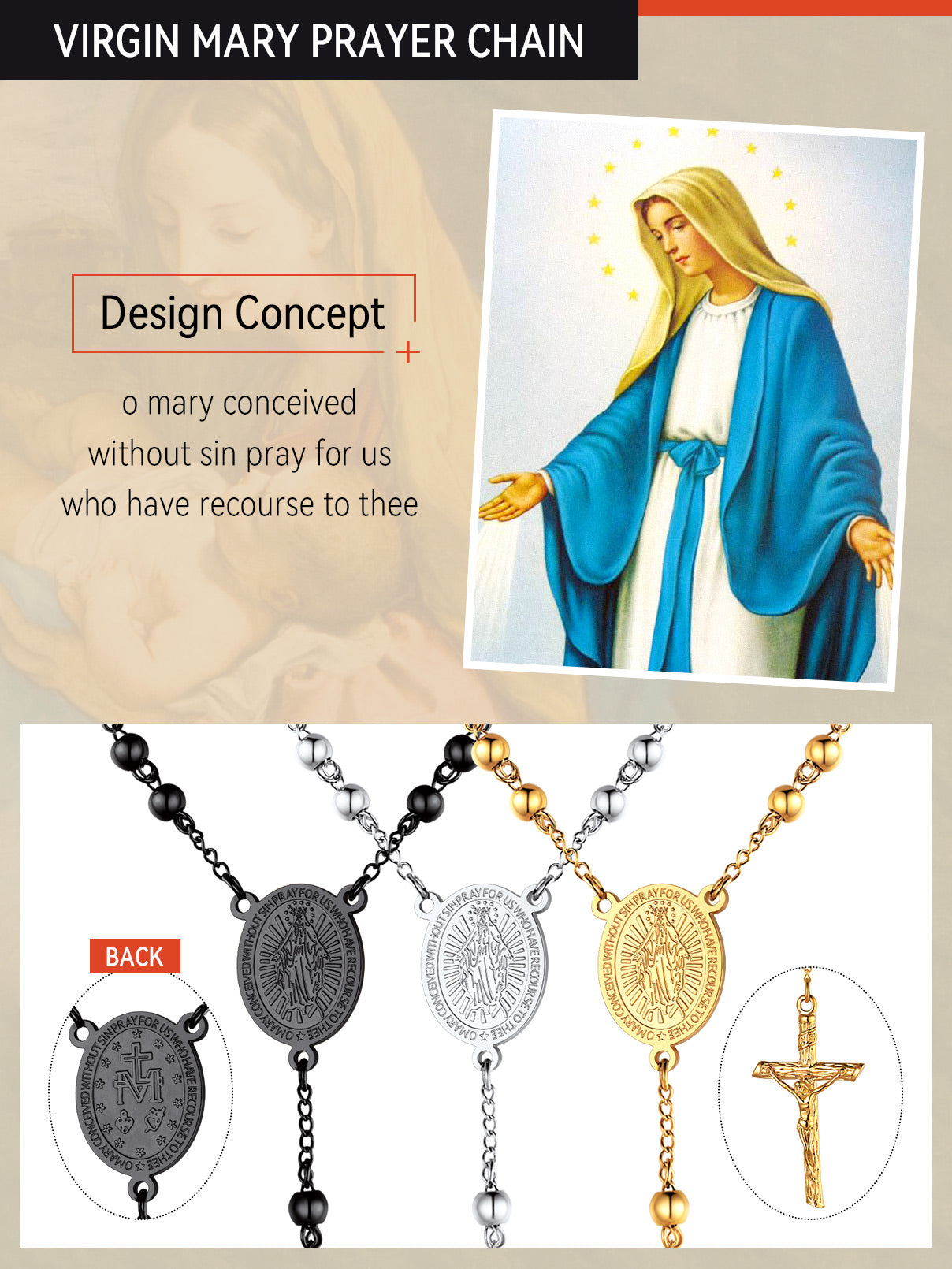 Catholic Virgin Mary Rosary Beads Cross Necklace Chain for Men Women
