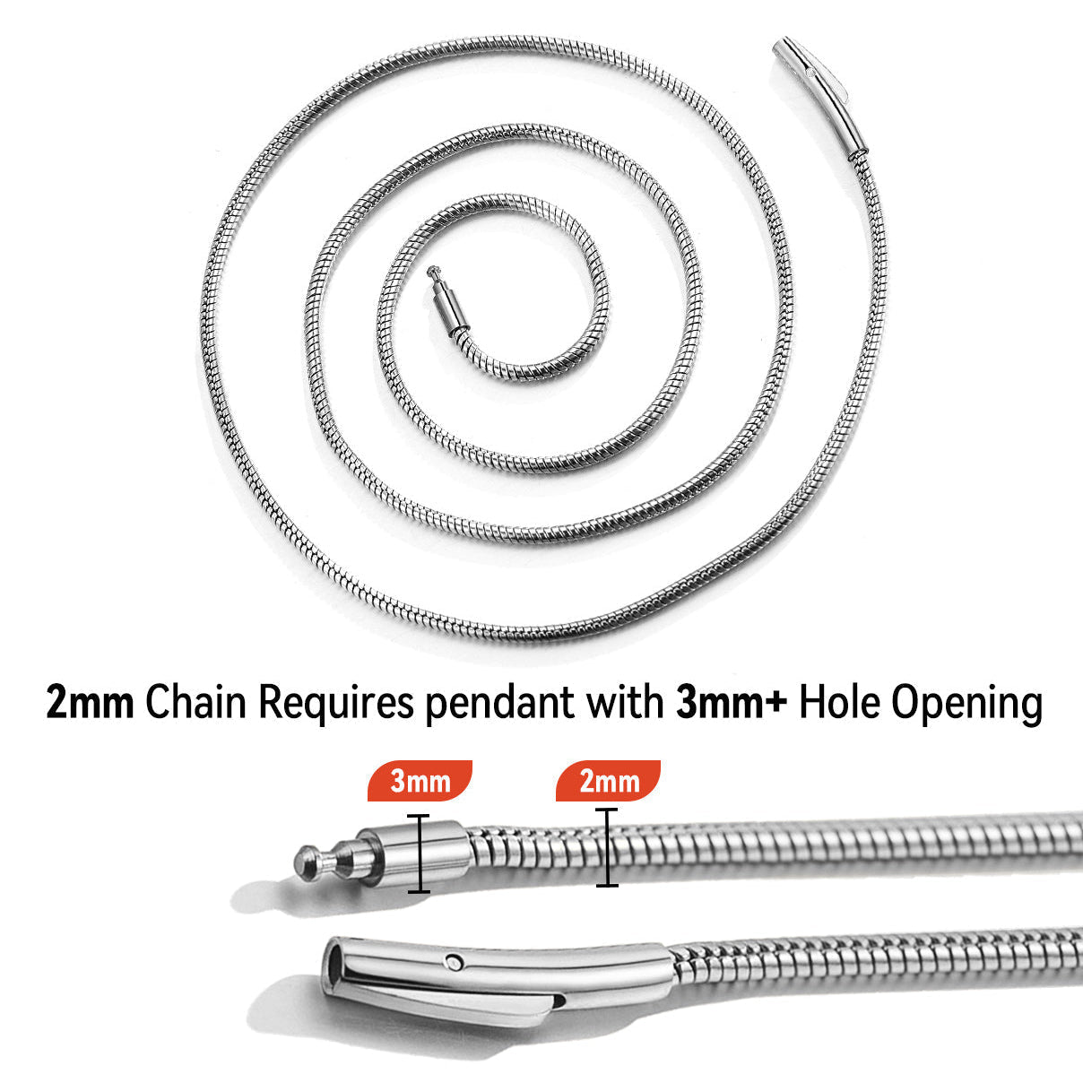 2mm Thin Snake Chain Stainless Steel Necklace for Men