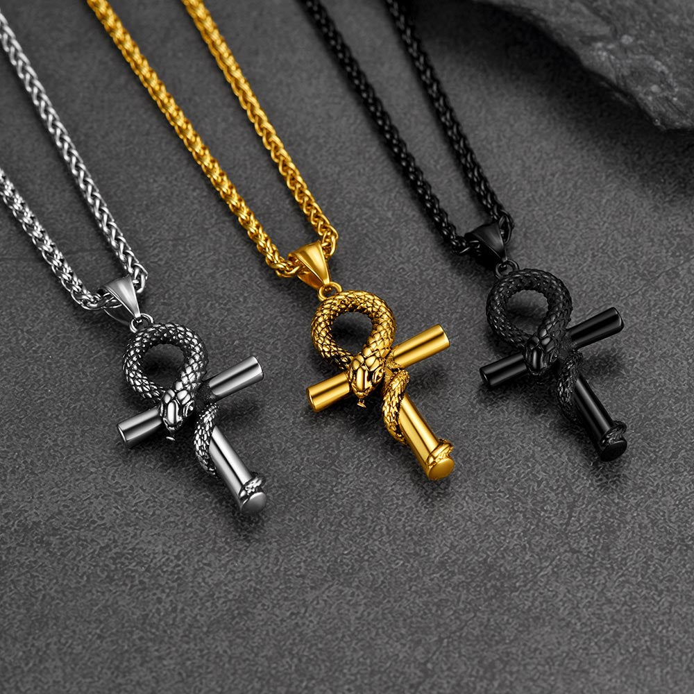 Snake Ankh Cross Necklace Egyptian Pendant For Men Women
