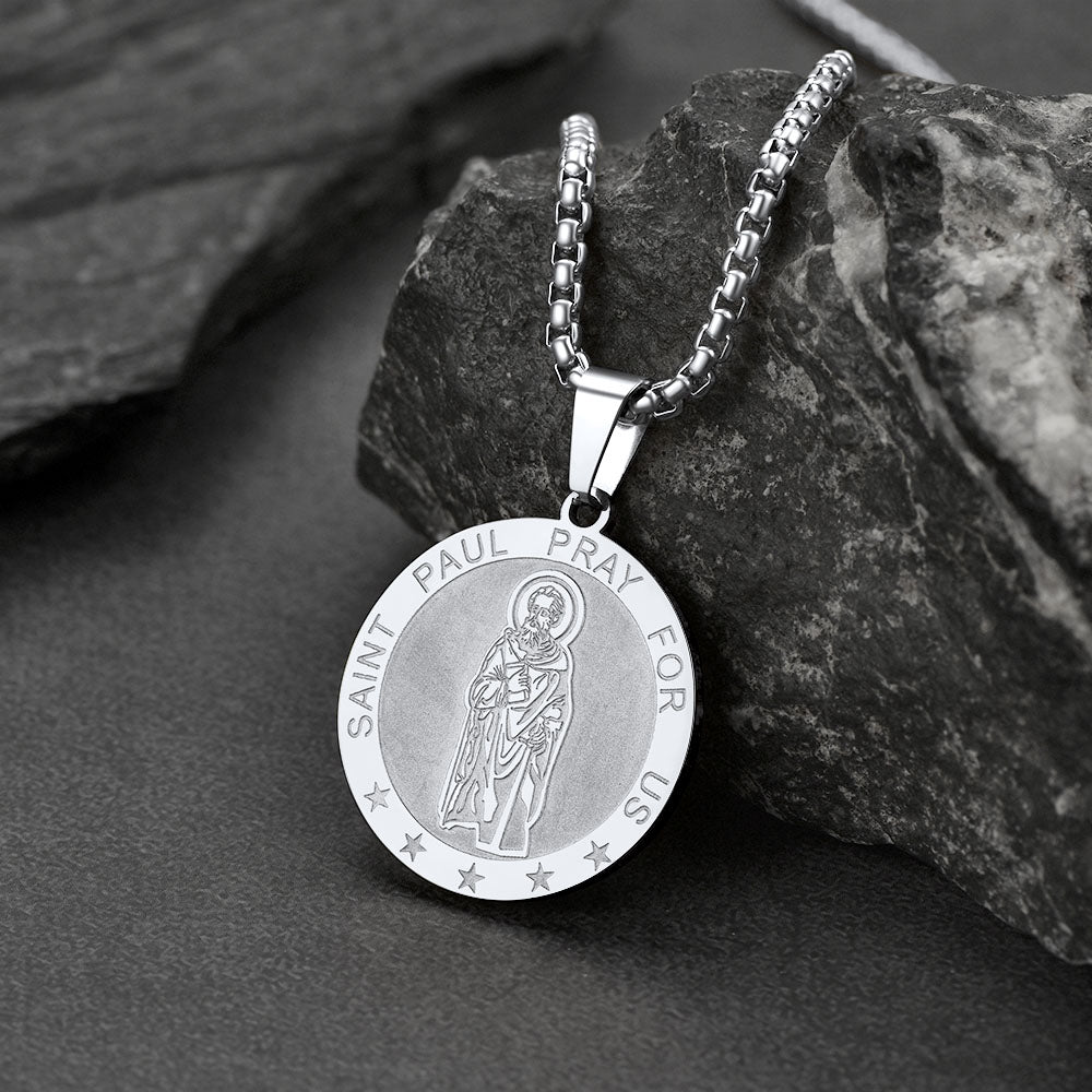 Gothic Society St Paul Round Necklace Engraved Catholic Saints Medal Jewelry