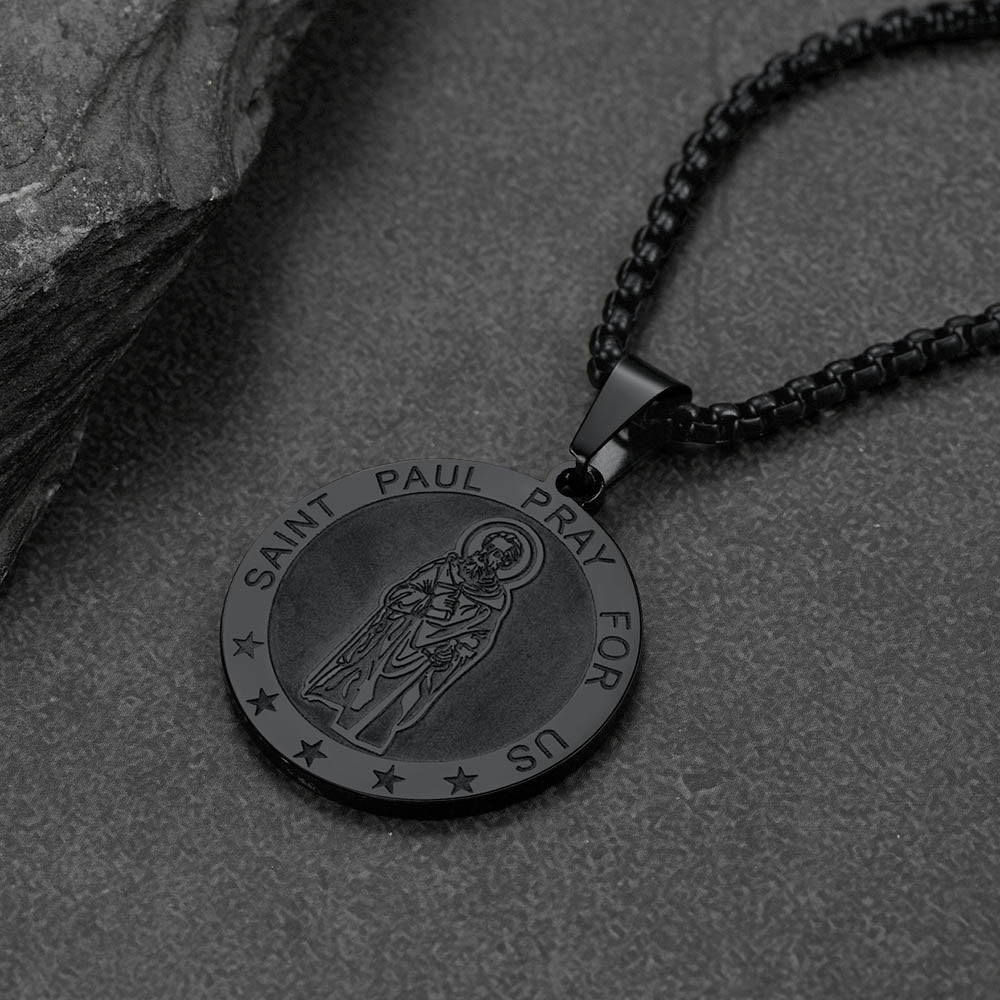 Gothic Society St Paul Round Necklace Engraved Catholic Saints Medal Jewelry