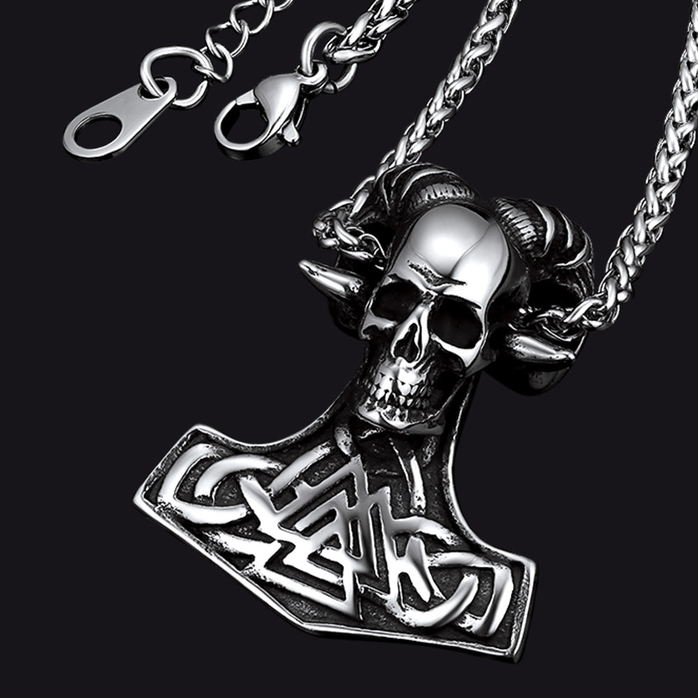 Viking Mjolnir Thor's Hammer Skull Necklace Pendant for Men