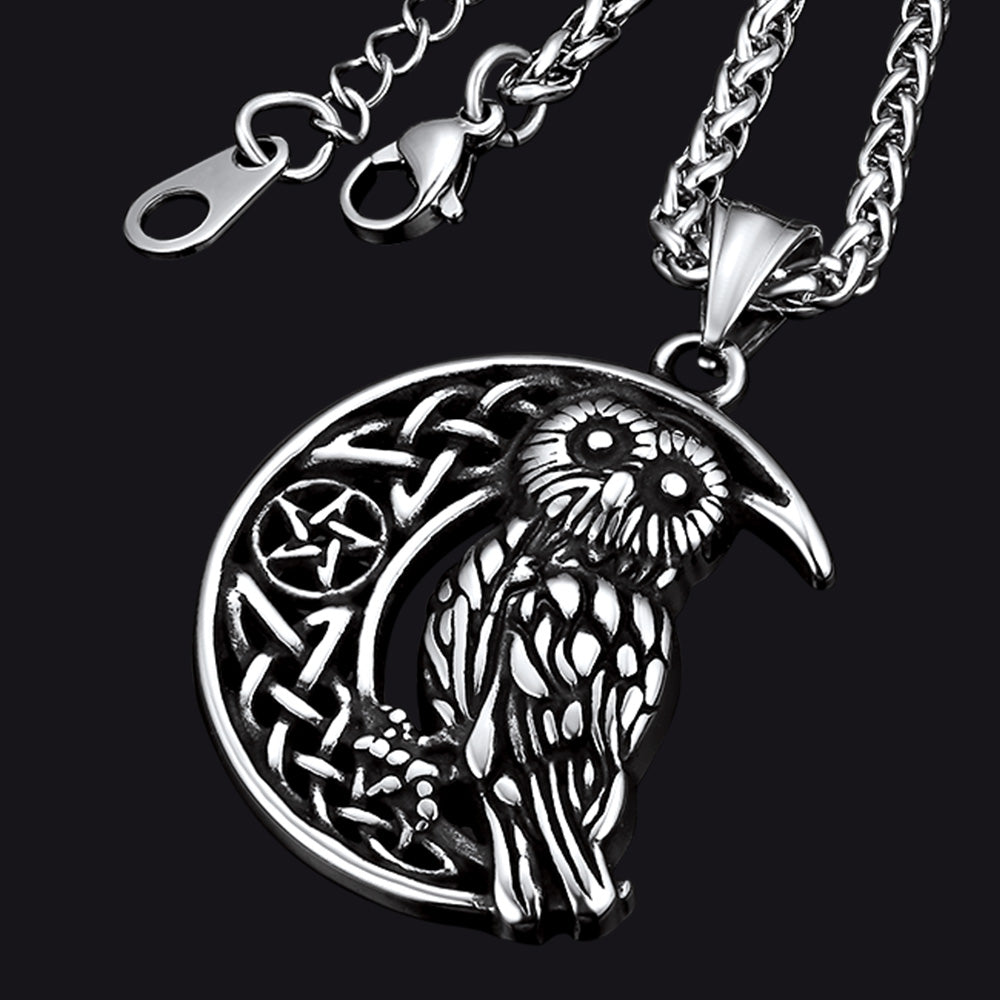 Viking Celtic Crescent Moon Owl Necklace for Men