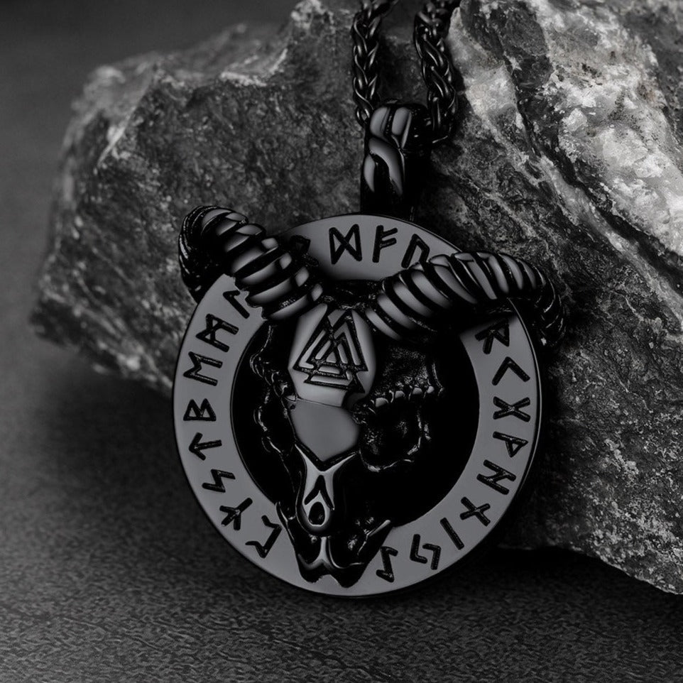 Baphomet Satanic Goat Necklace With Viking Runes for Men