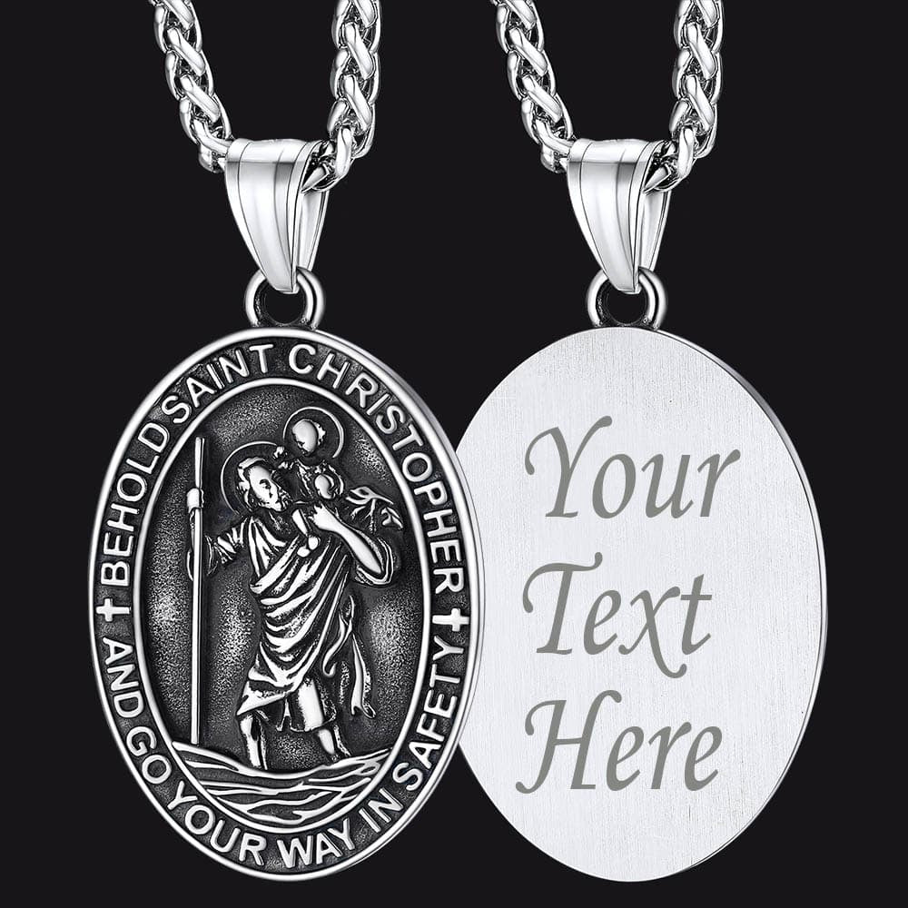 Catholic Engraved Saint Christopher Medal Necklace for Men