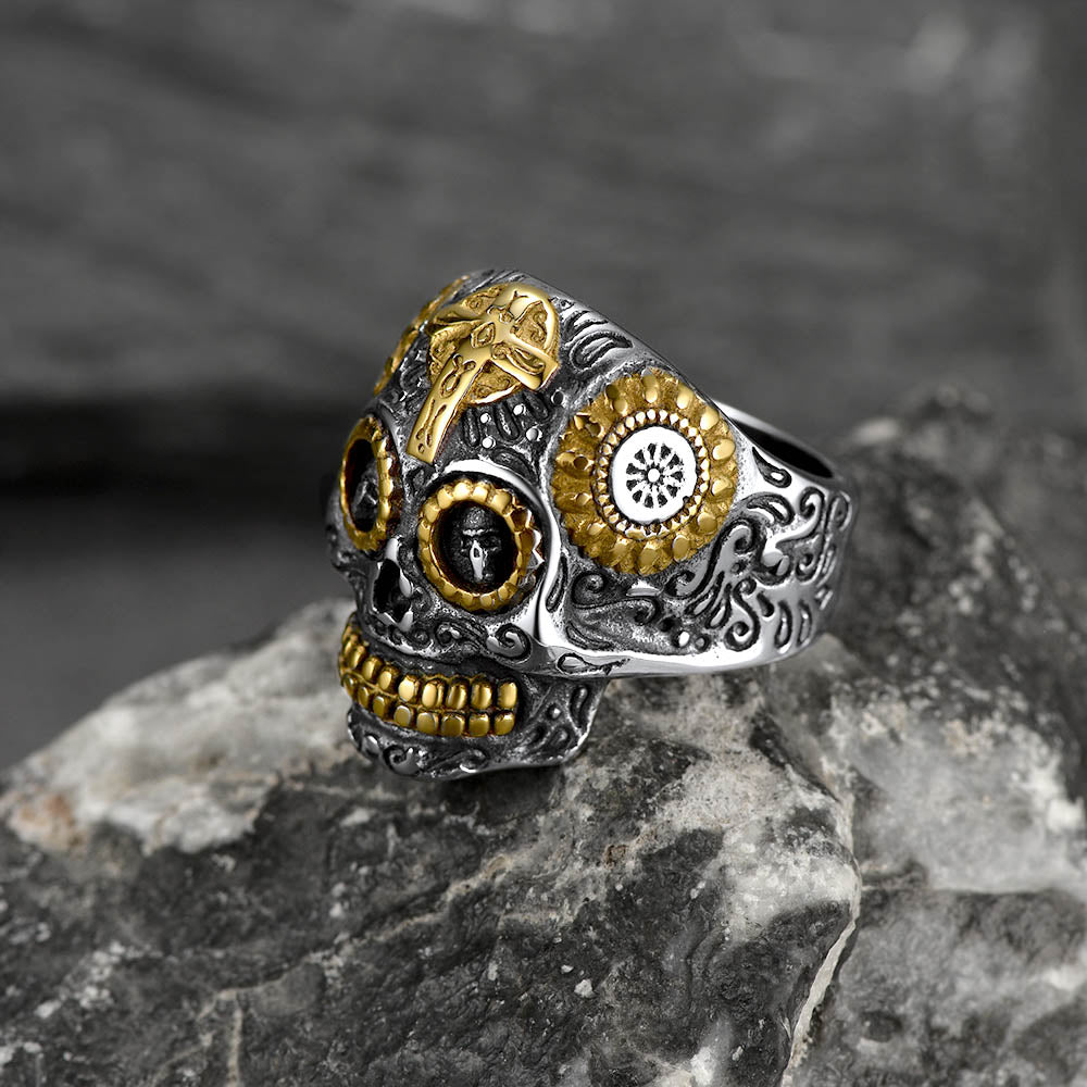 Gothic Punk Solid Sugar Skull Ring for Men