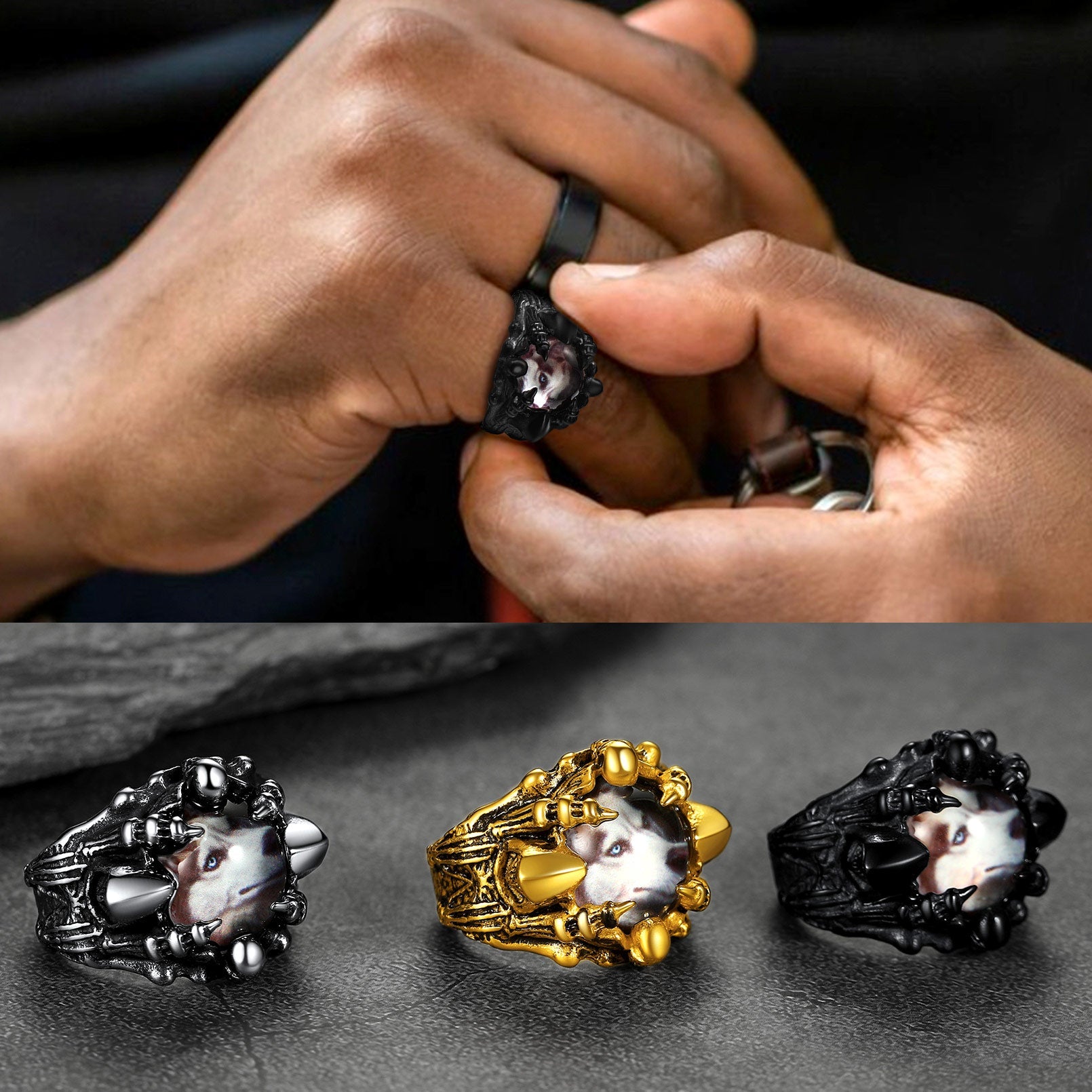 Customized Gothic Photo Dragon Claw Ring with Picture For Men
