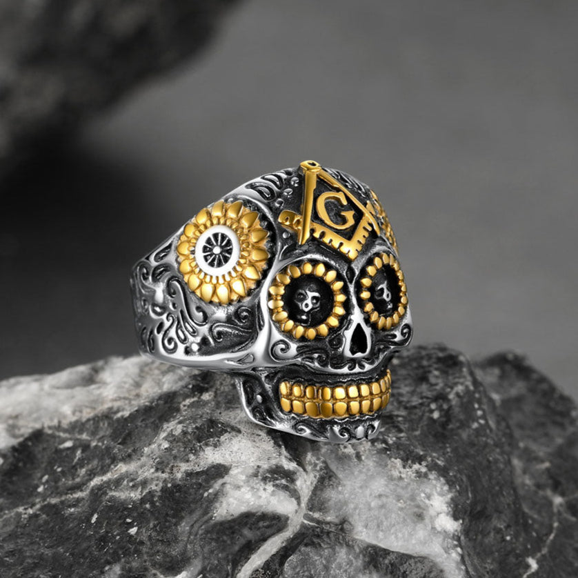 Punk Masonic Sugar Skull Ring for Men