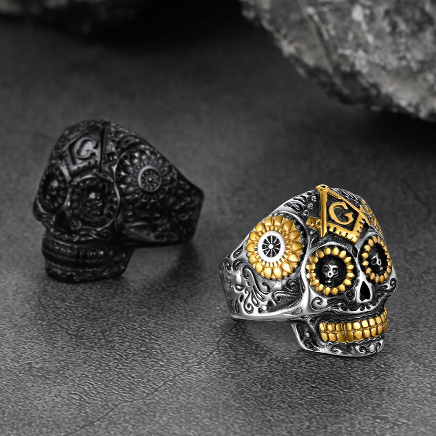Punk Masonic Sugar Skull Ring for Men