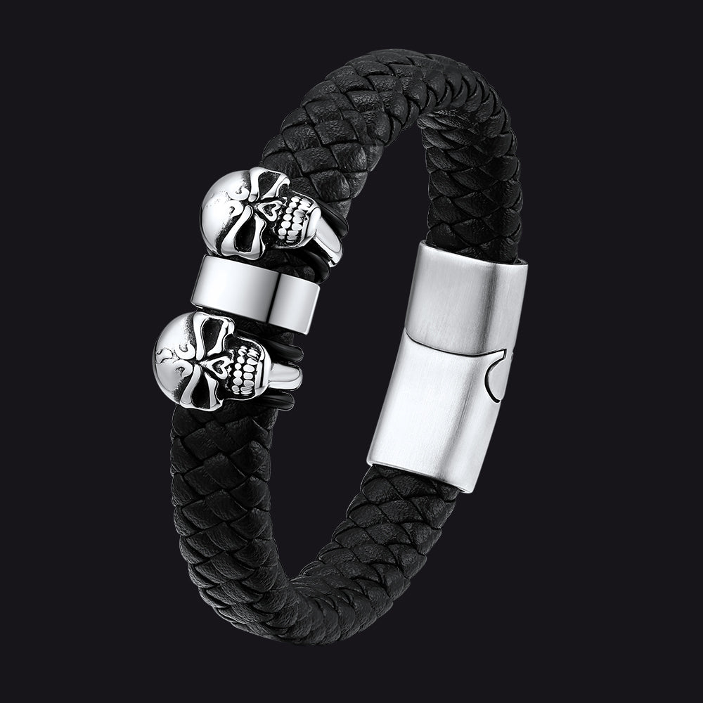 Personalized Name Beads Leather Bracelet with Skull for Men