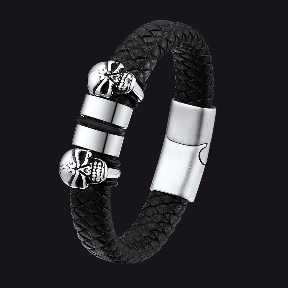 Personalized Name Beads Leather Bracelet with Skull for Men