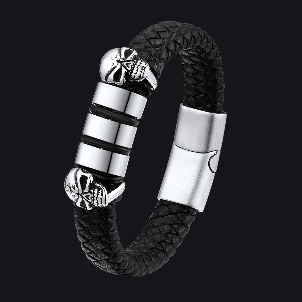 Personalized Name Beads Leather Bracelet with Skull for Men