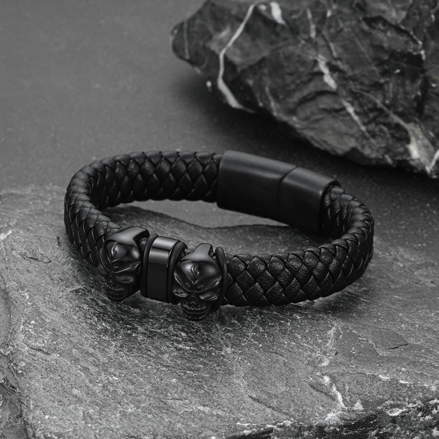 Personalized Name Beads Leather Bracelet with Skull for Men