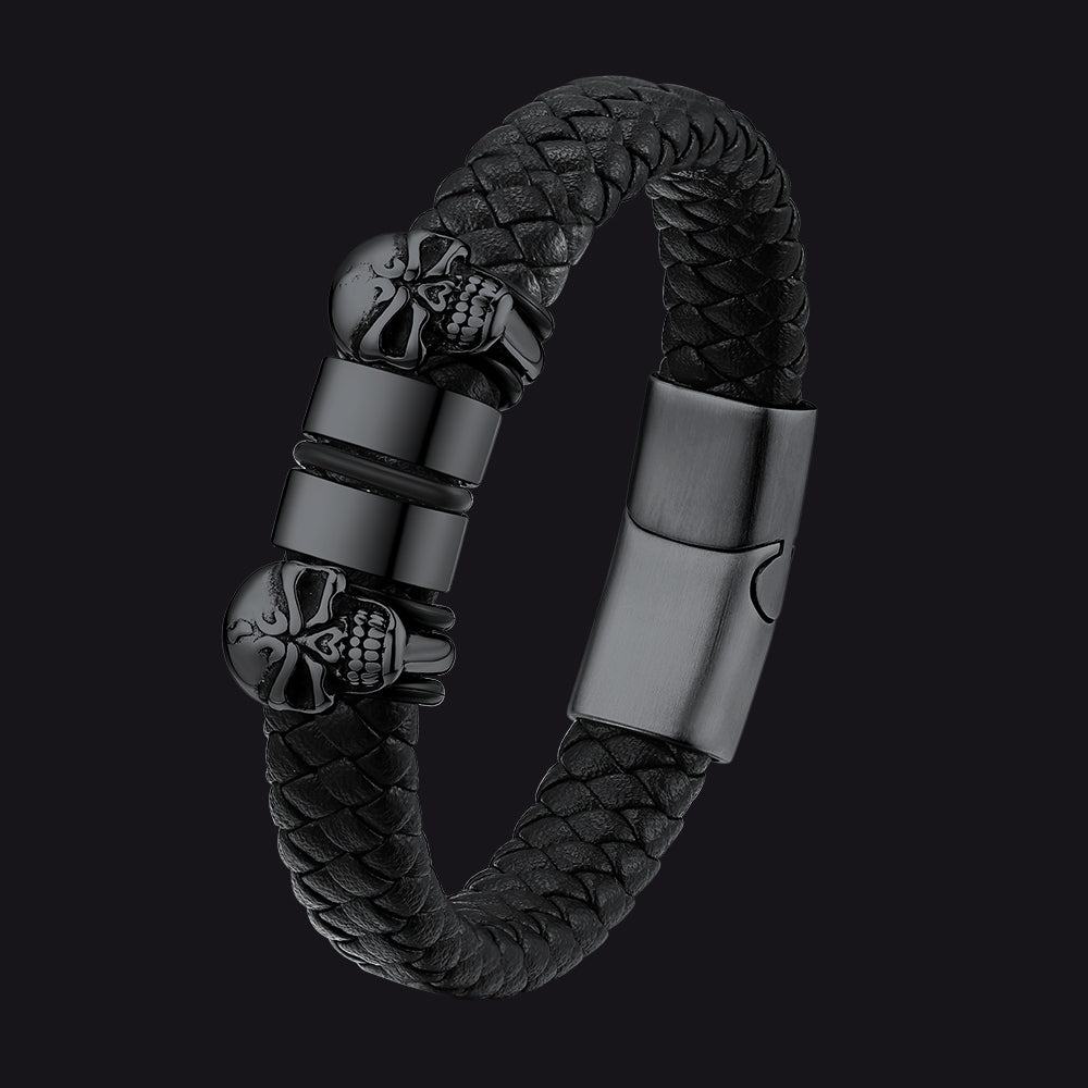 Personalized Name Beads Leather Bracelet with Skull for Men