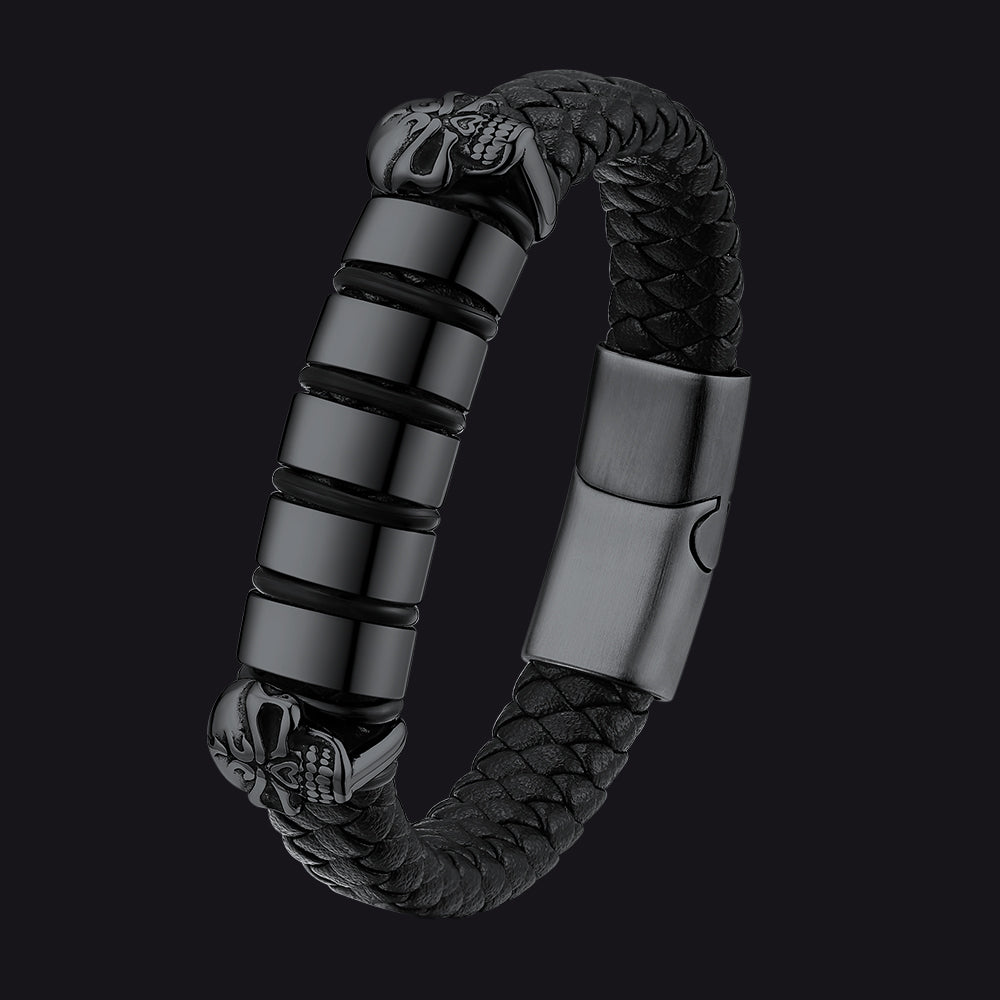 Personalized Name Beads Leather Bracelet with Skull for Men