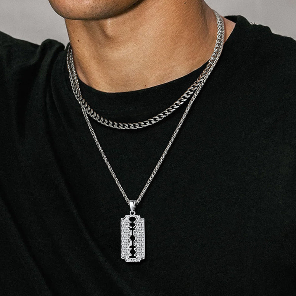 Engraved Razor Blade Pendant Necklace with Diamond for Men