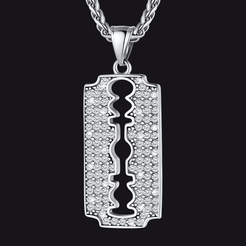 Engraved Razor Blade Pendant Necklace with Diamond for Men
