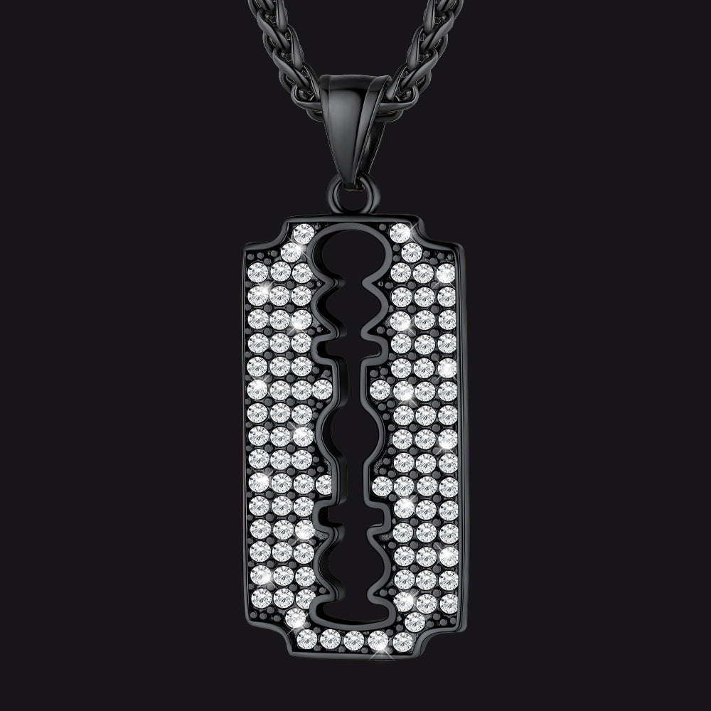 Engraved Razor Blade Pendant Necklace with Diamond for Men