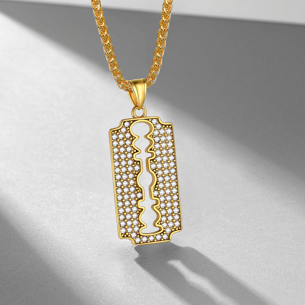 Engraved Razor Blade Pendant Necklace with Diamond for Men