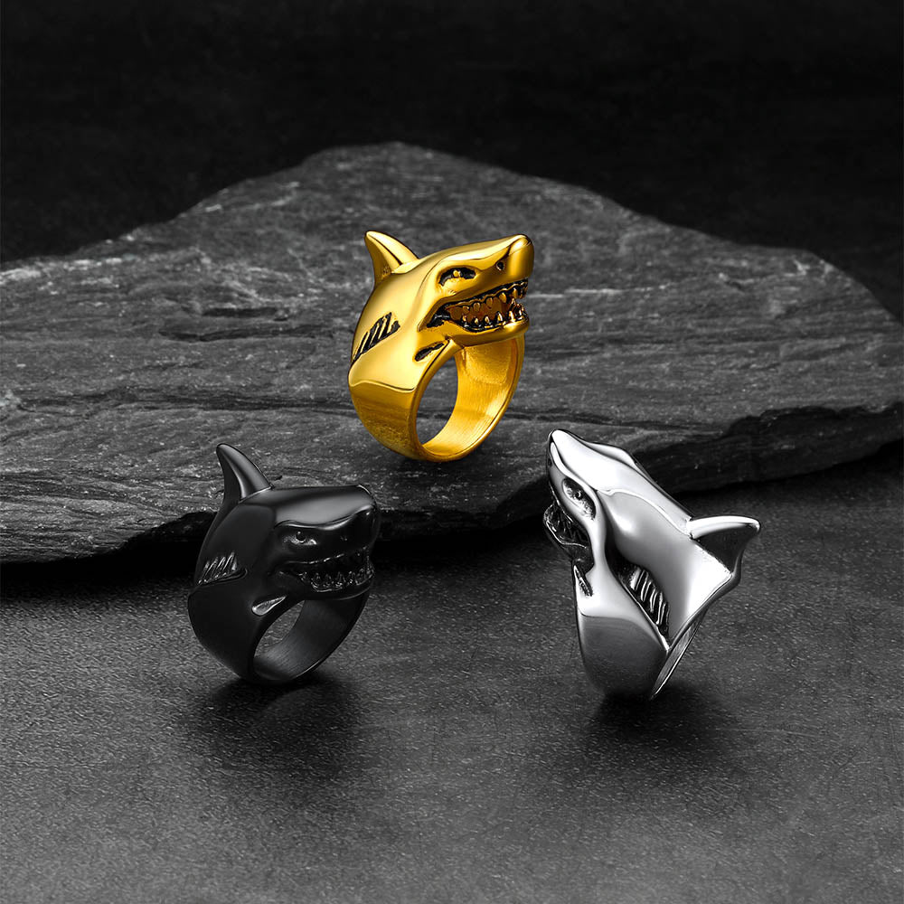 Stainless Steel Gothic Shark Signet Ring for Men Women