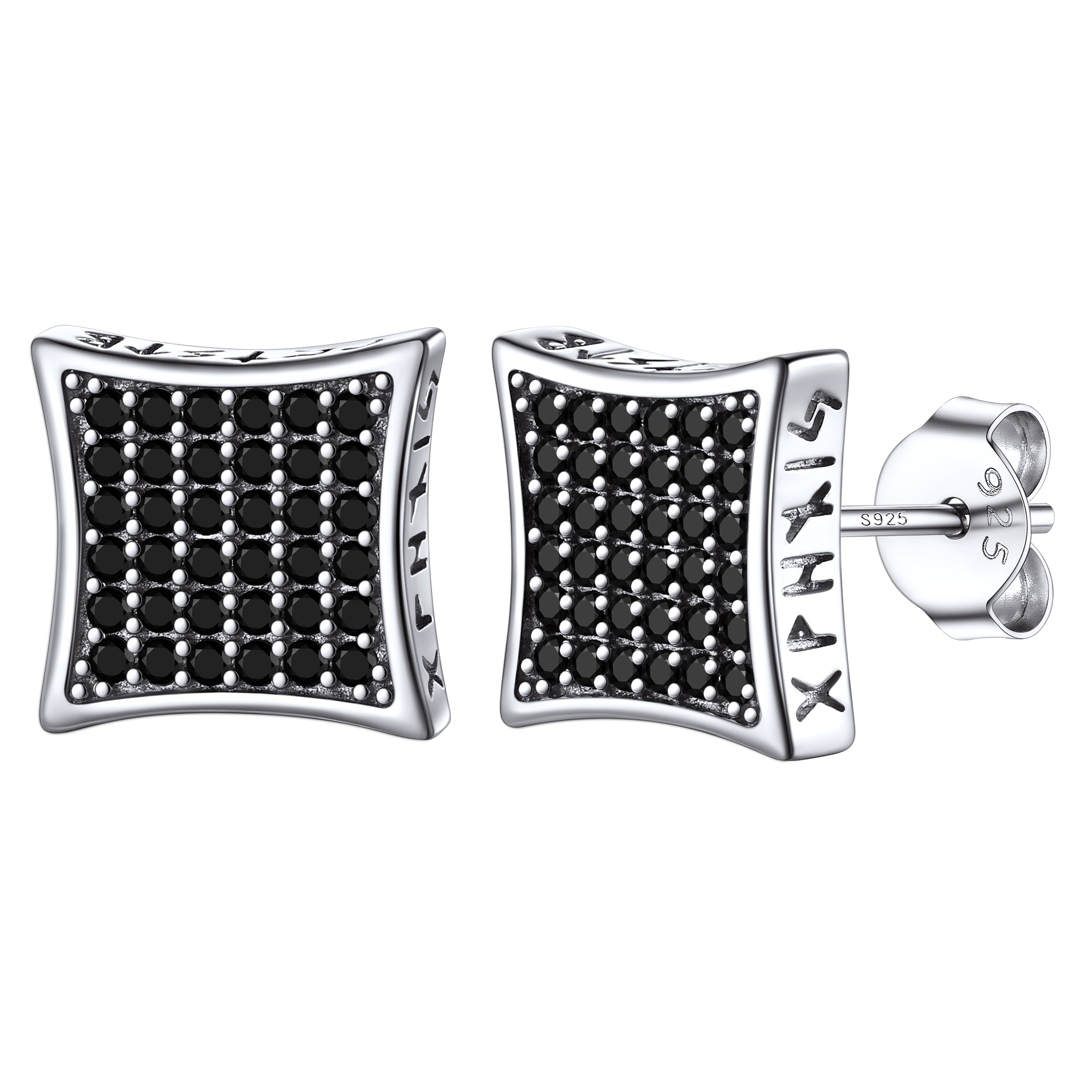 9mm Square Black Diamond Stud Earrings with Viking Runes