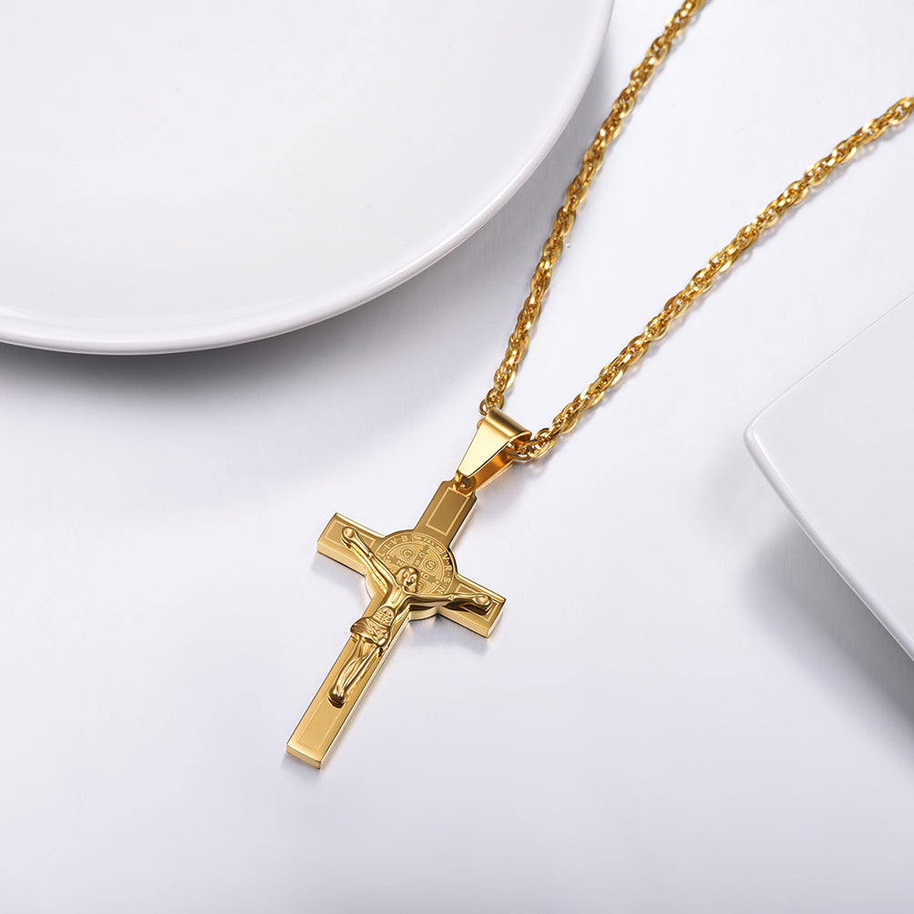 Catholic Saint Benedict Crucifix Cross Necklace For Men