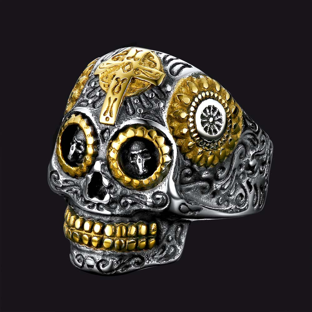 Gothic Punk Solid Sugar Skull Ring for Men