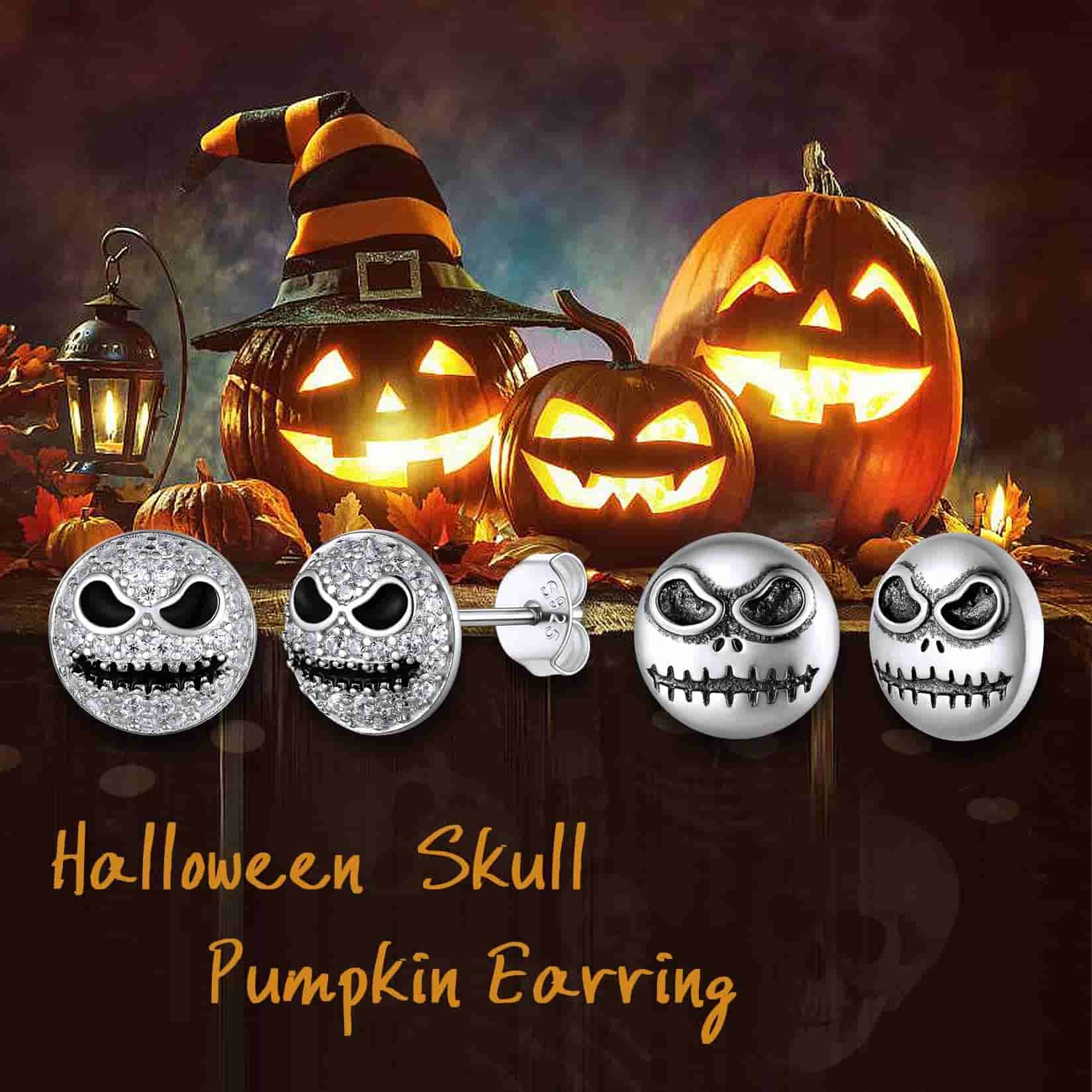 Halloween Pumpkin Skull Earrings For Men in Sterling Silver