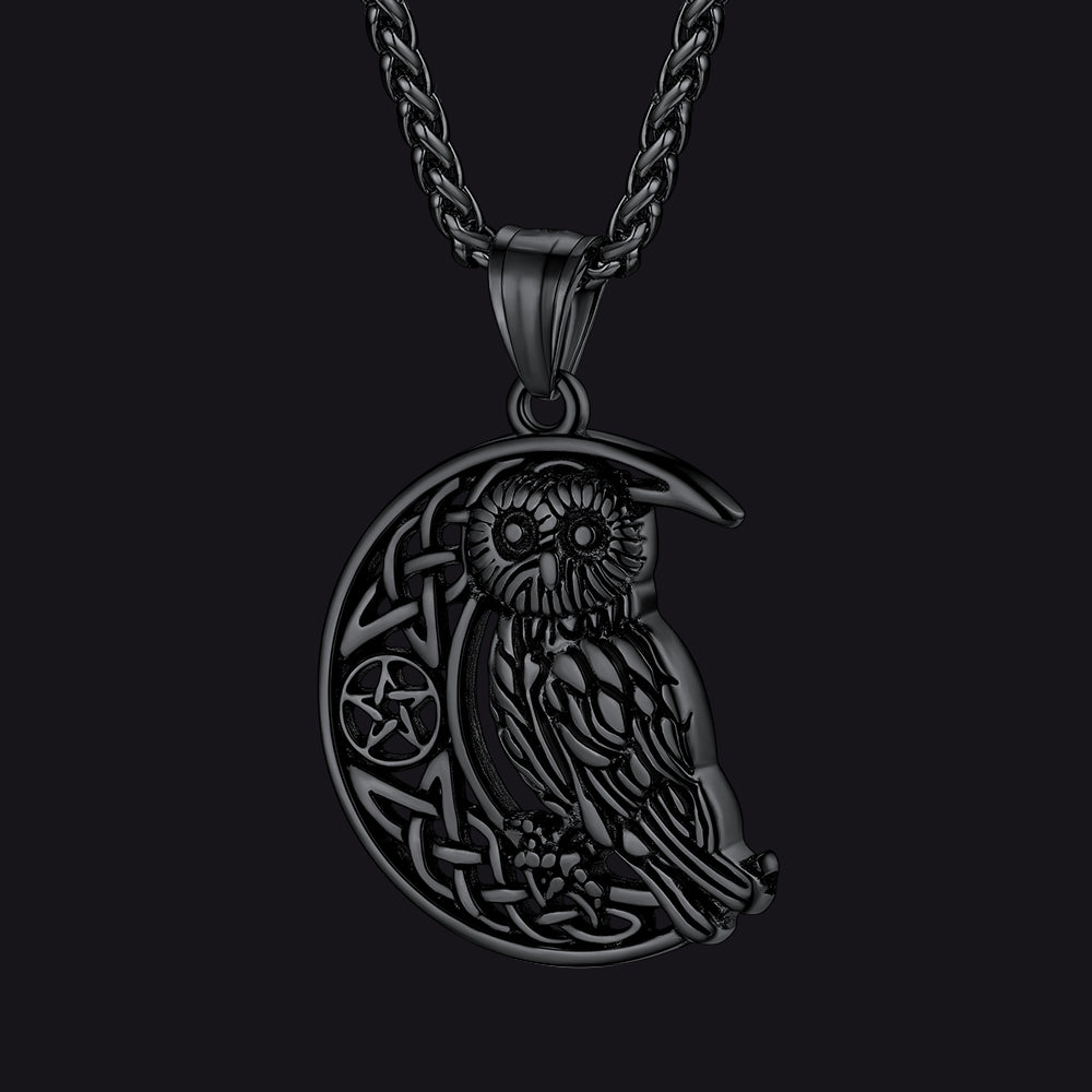 Viking Celtic Crescent Moon Owl Necklace for Men