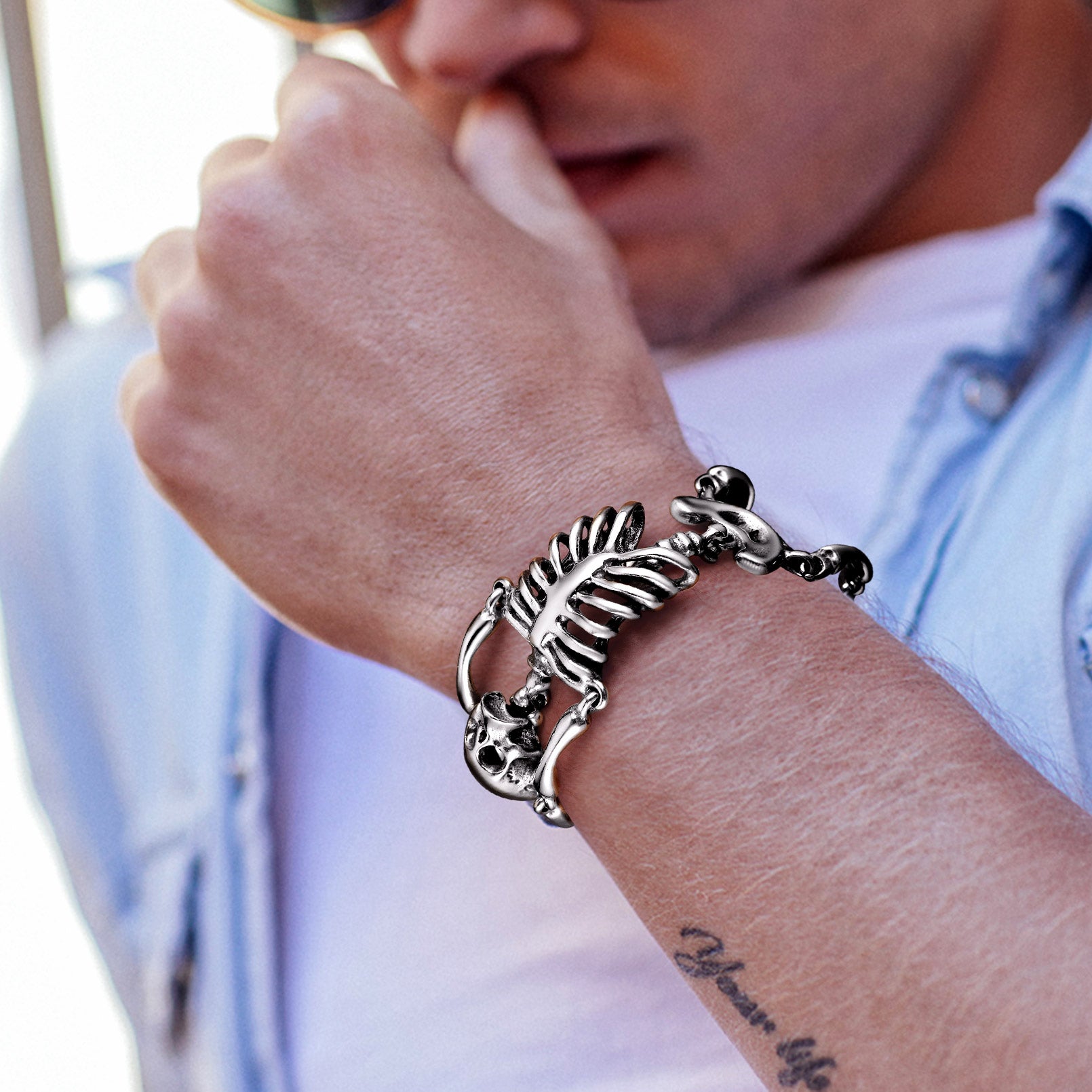 Gothic Society Stainless Steel Body Skull Skeleton Bracelet for Men