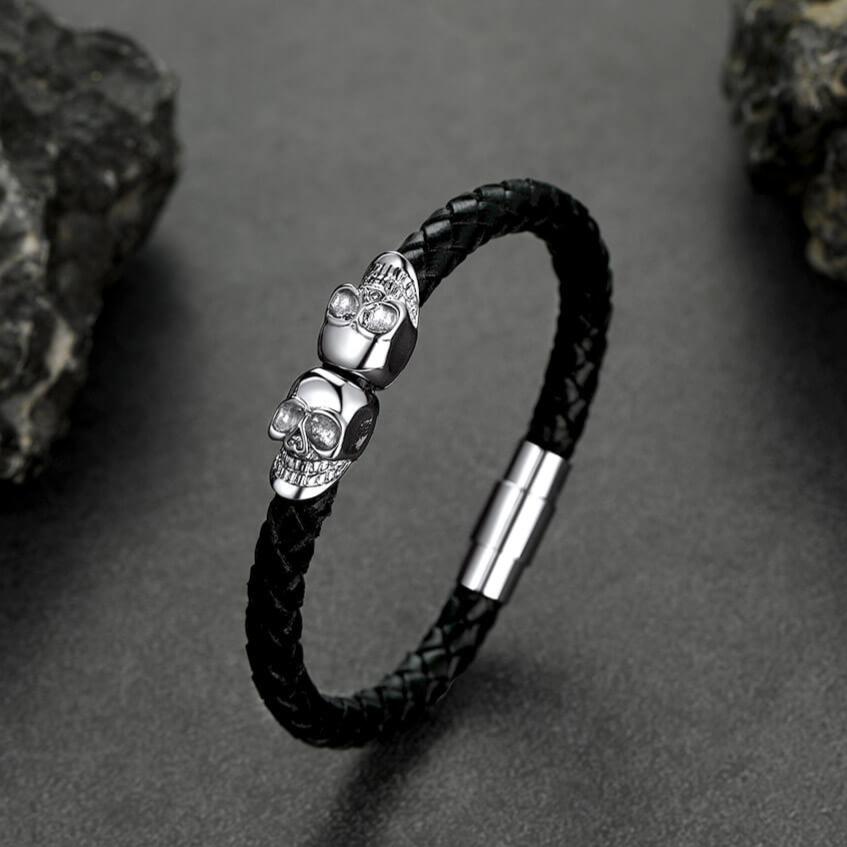 Flash Sale Black Braided Leather Bracelet With Skull for Men