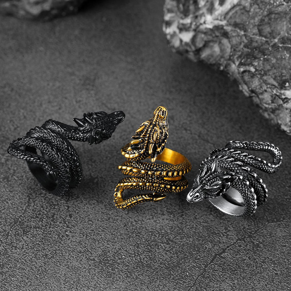 Punk Coiled Dragon Stainless Steel Ring for Men Women