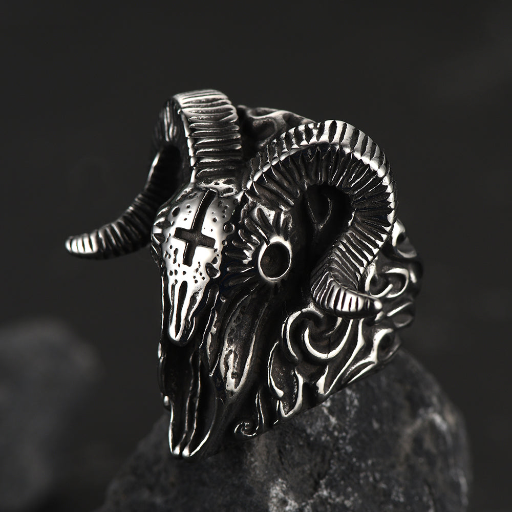 Gothic Society Stainless Steel Satan Baphomet Goat Ring for Men