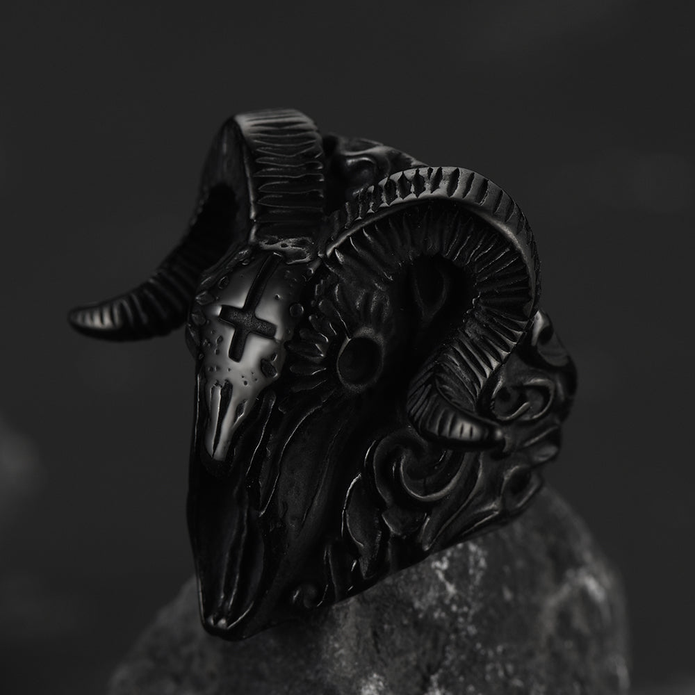 Gothic Society Stainless Steel Satan Baphomet Goat Ring for Men