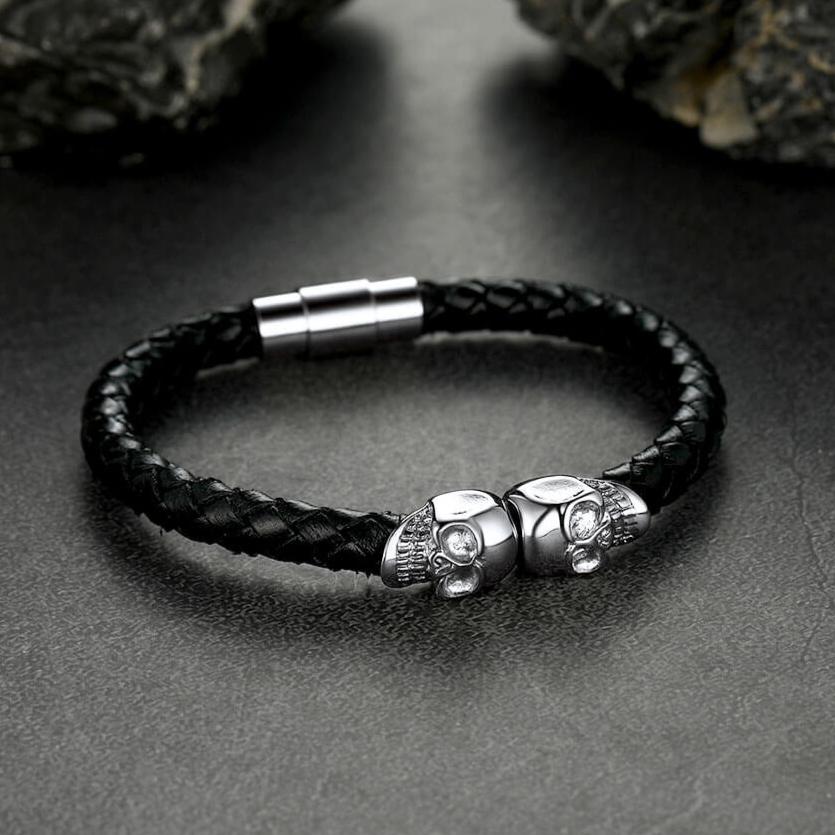 Flash Sale Black Braided Leather Bracelet With Skull for Men