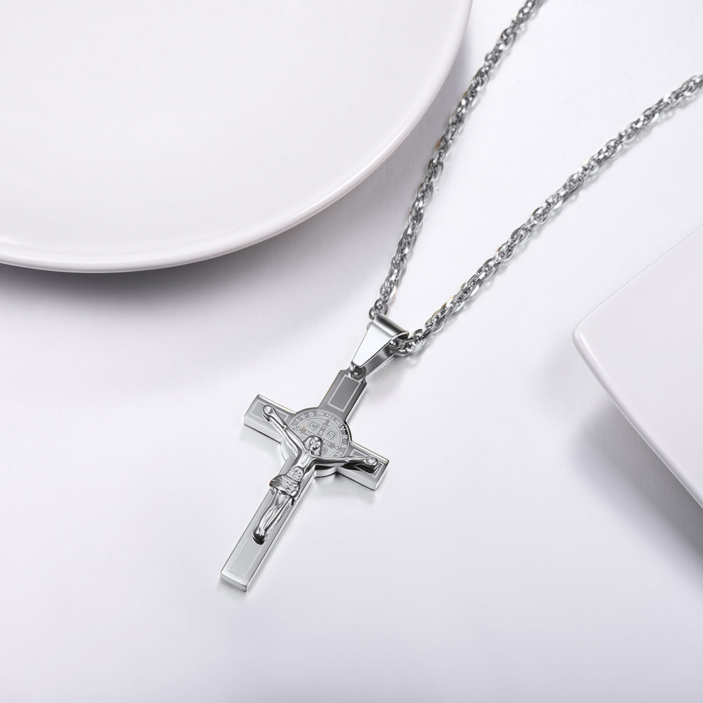 Catholic Saint Benedict Crucifix Cross Necklace For Men
