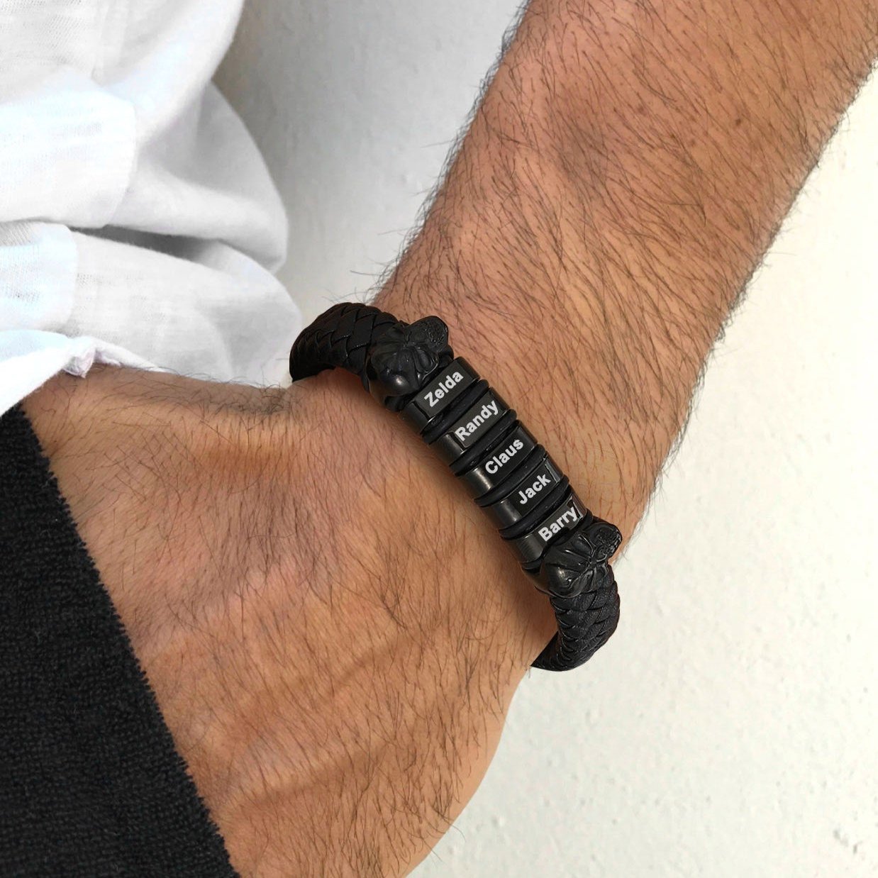 Personalized Name Beads Leather Bracelet with Skull for Men