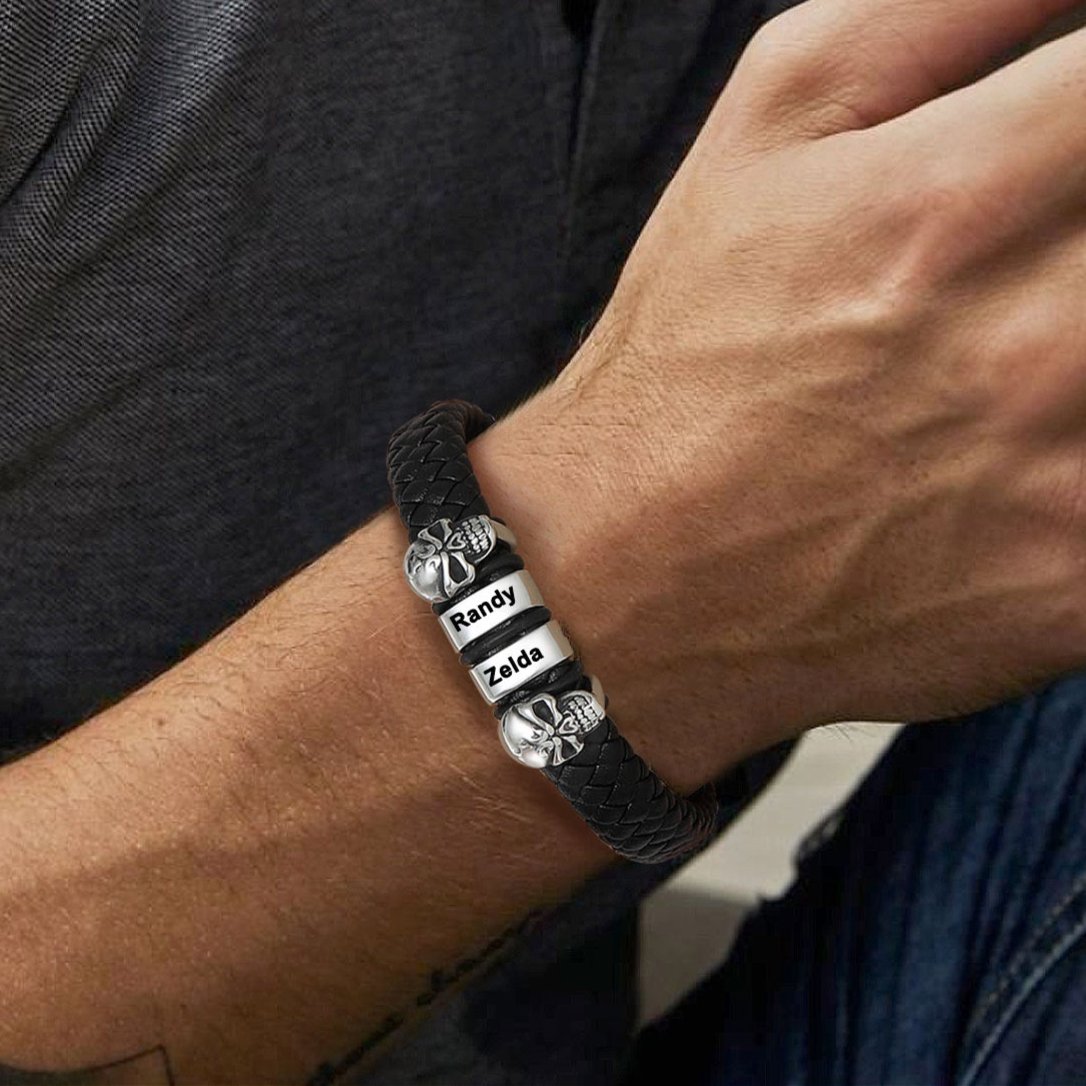 Personalized Name Beads Leather Bracelet with Skull for Men