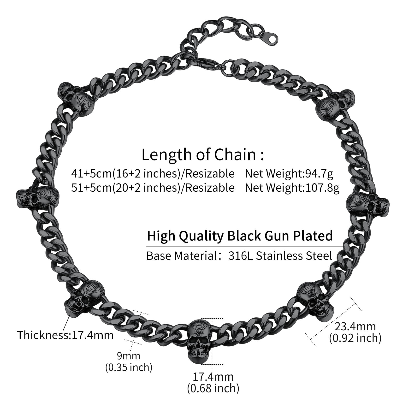 9mm Gothic Skull Cuban Link Chain Choker Necklace for Men
