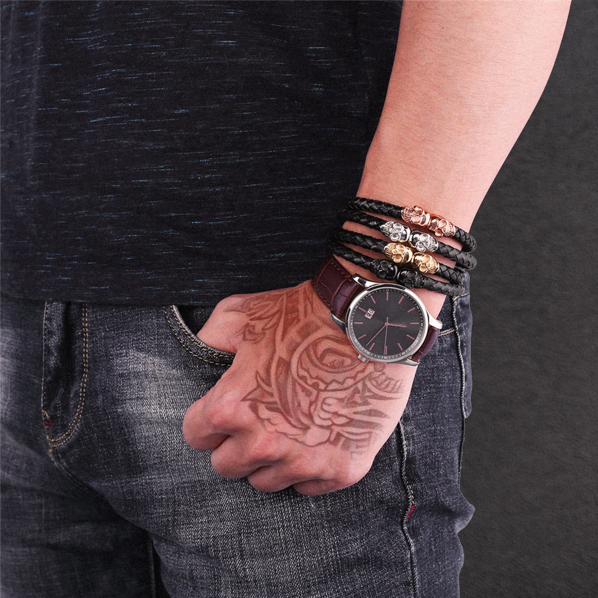 Flash Sale Black Braided Leather Bracelet With Skull for Men